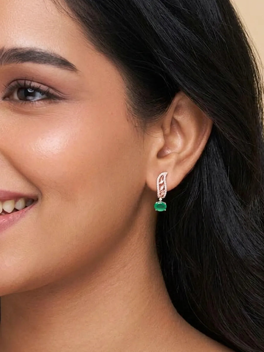 Peora Emerald Green & CZ Leaf Rose Gold Earrings