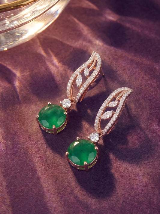 Emerald Green CZ Drop Earrings - Rose Gold