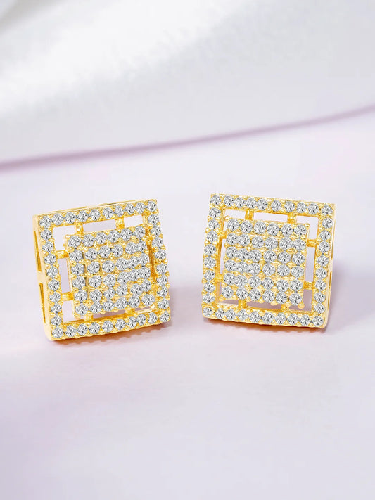 Bold CZ Studded Square Shape Earrings - Gold