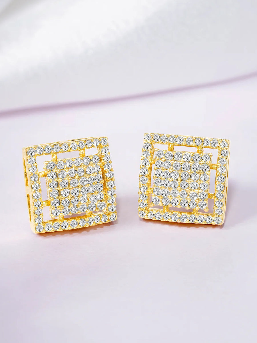 Bold CZ Studded Square Shape Earrings - Gold
