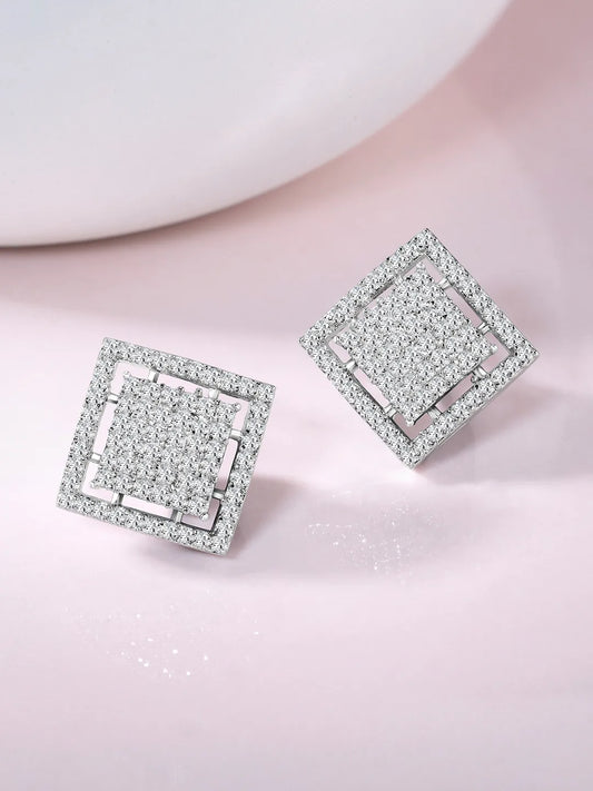 Bold CZ Studded Square Shape Earrings - Silver