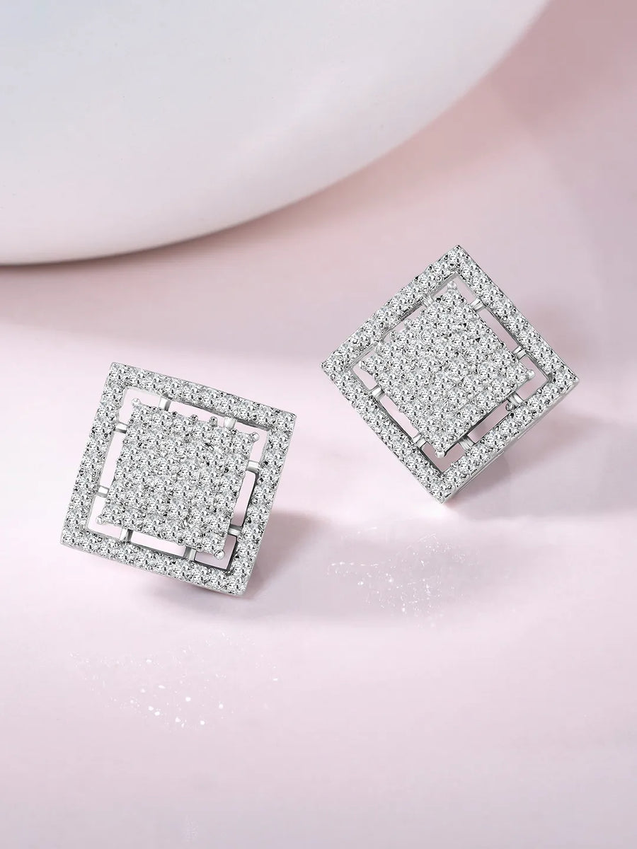 Bold CZ Studded Square Shape Earrings - Silver
