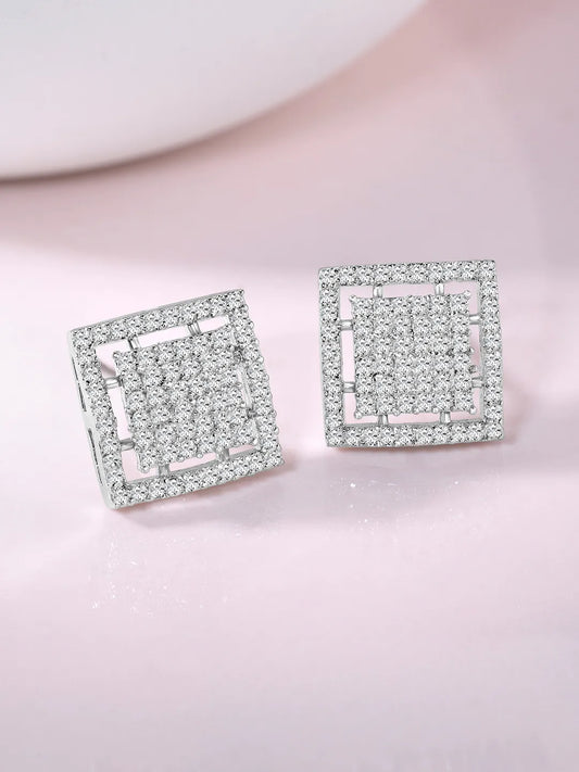 Bold CZ Studded Square Shape Earrings - Silver