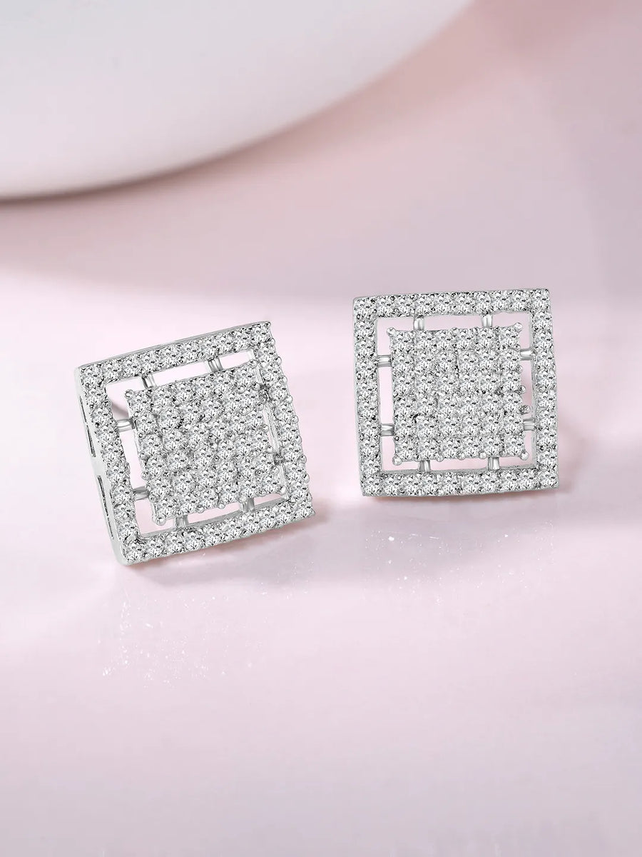 Bold CZ Studded Square Shape Earrings - Silver