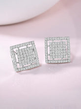 Bold CZ Studded Square Shape Earrings - Silver
