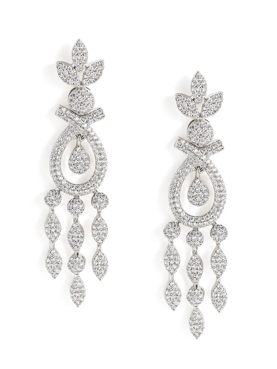 Floral Teardrop CZ Dangler Earrings - Silver