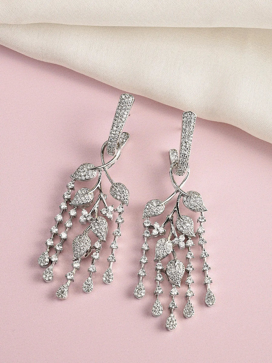 Floral Vine CZ Dangler Earrings - Silver