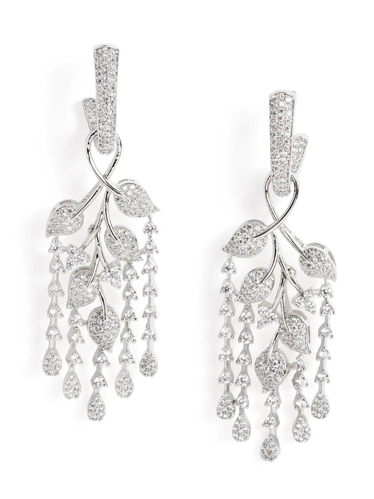 Floral Vine CZ Dangler Earrings - Silver