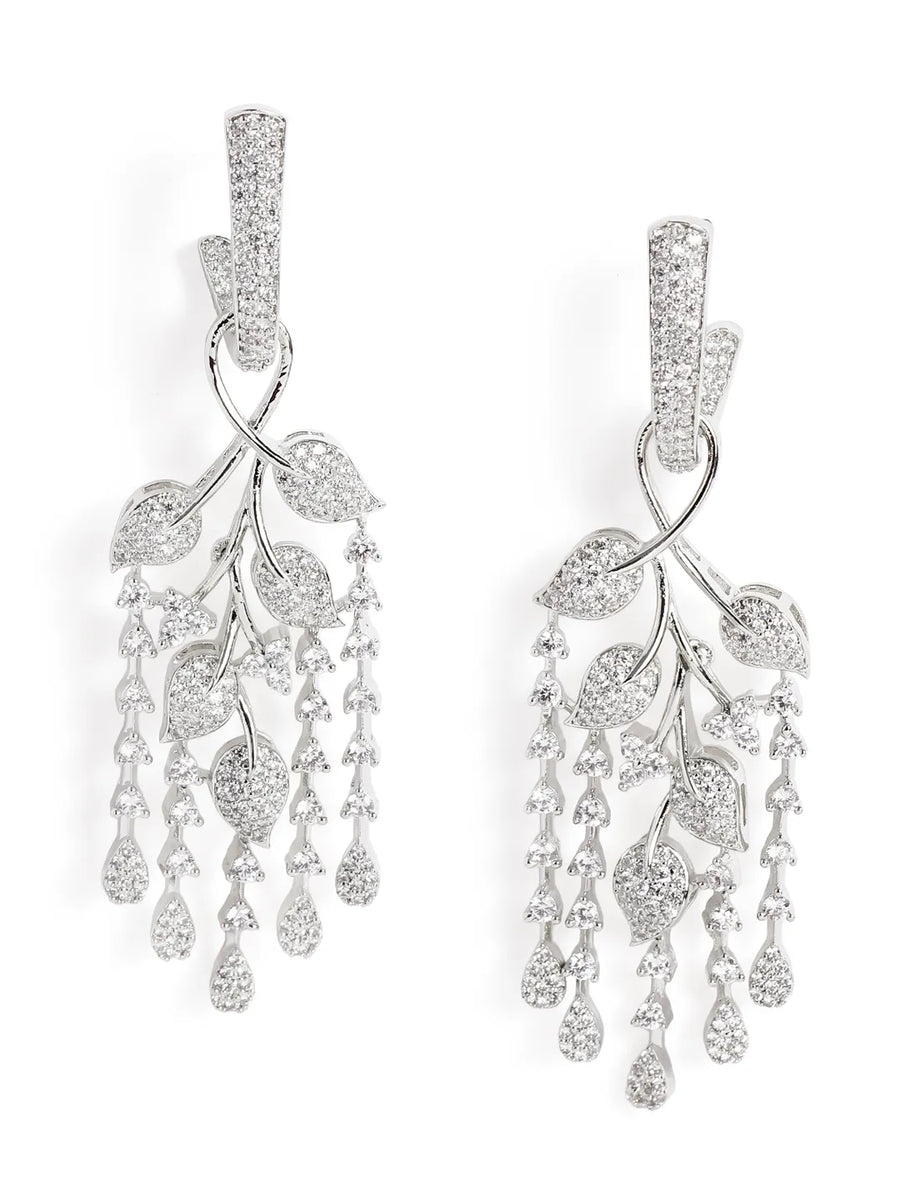 Floral Vine CZ Dangler Earrings - Silver