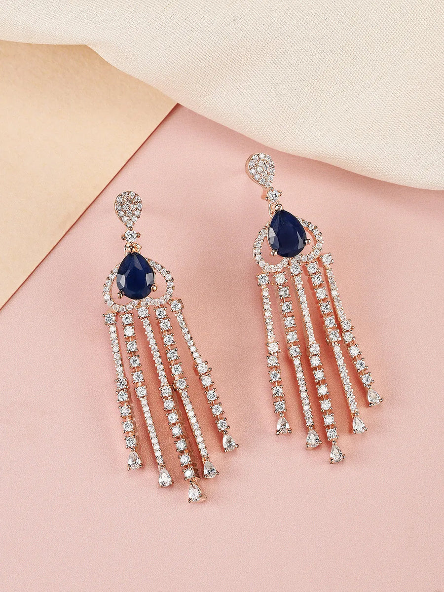 Pear Stone CZ Tassel Drop Earrings - Blue