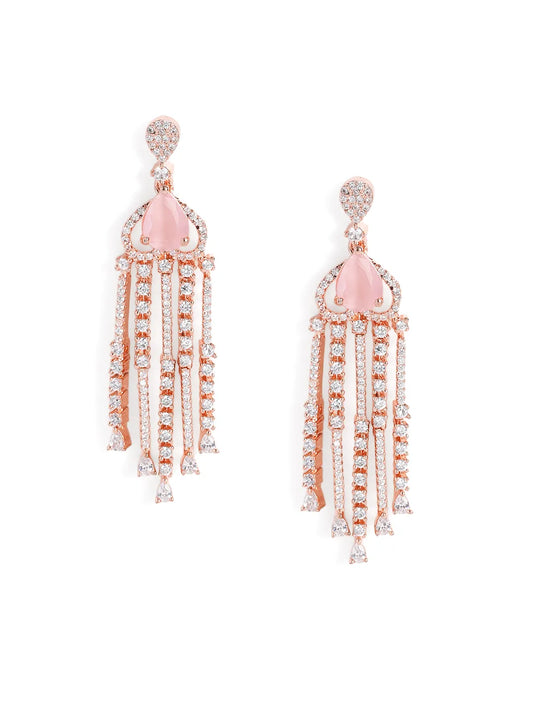 Pear Stone CZ Tassel Drop Earrings - Pink