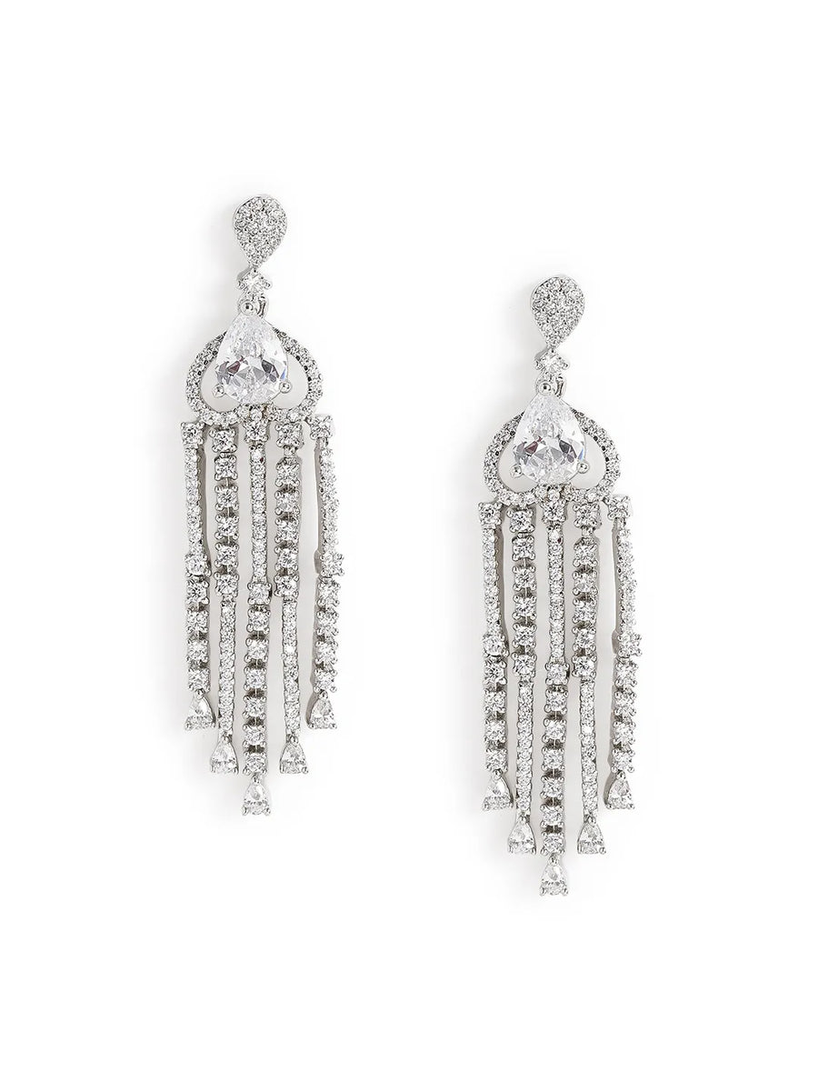 Pear Stone CZ Tassel Drop Earrings - White