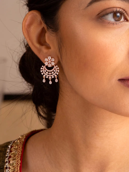 Rose Gold Plated CZ Chandbali Floral Earrings