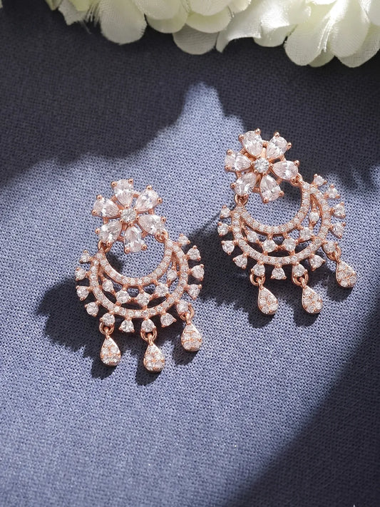 Rose Gold Plated CZ Chandbali Floral Earrings