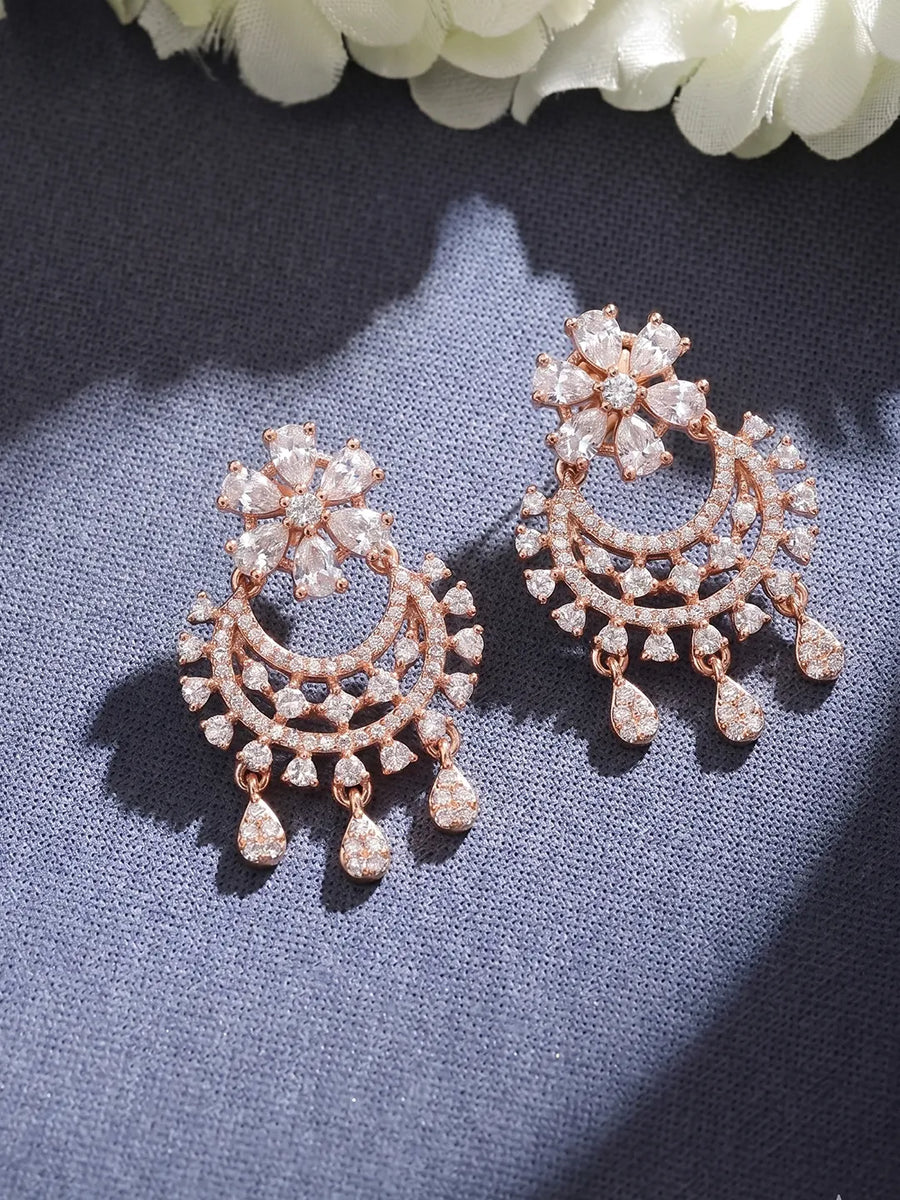 Rose Gold Plated CZ Chandbali Floral Earrings