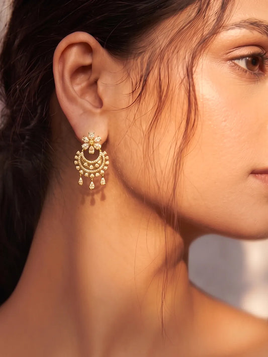 Peora Gold Plated CZ Chandbali Floral Earrings