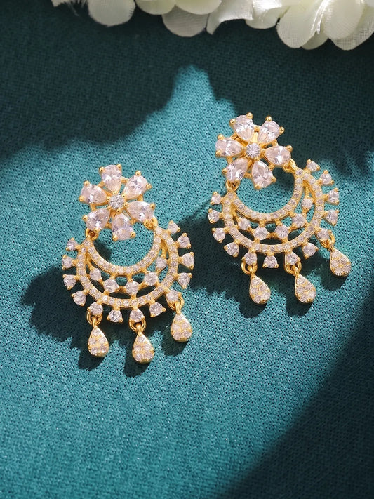 Gold Plated CZ Chandbali Floral Earrings