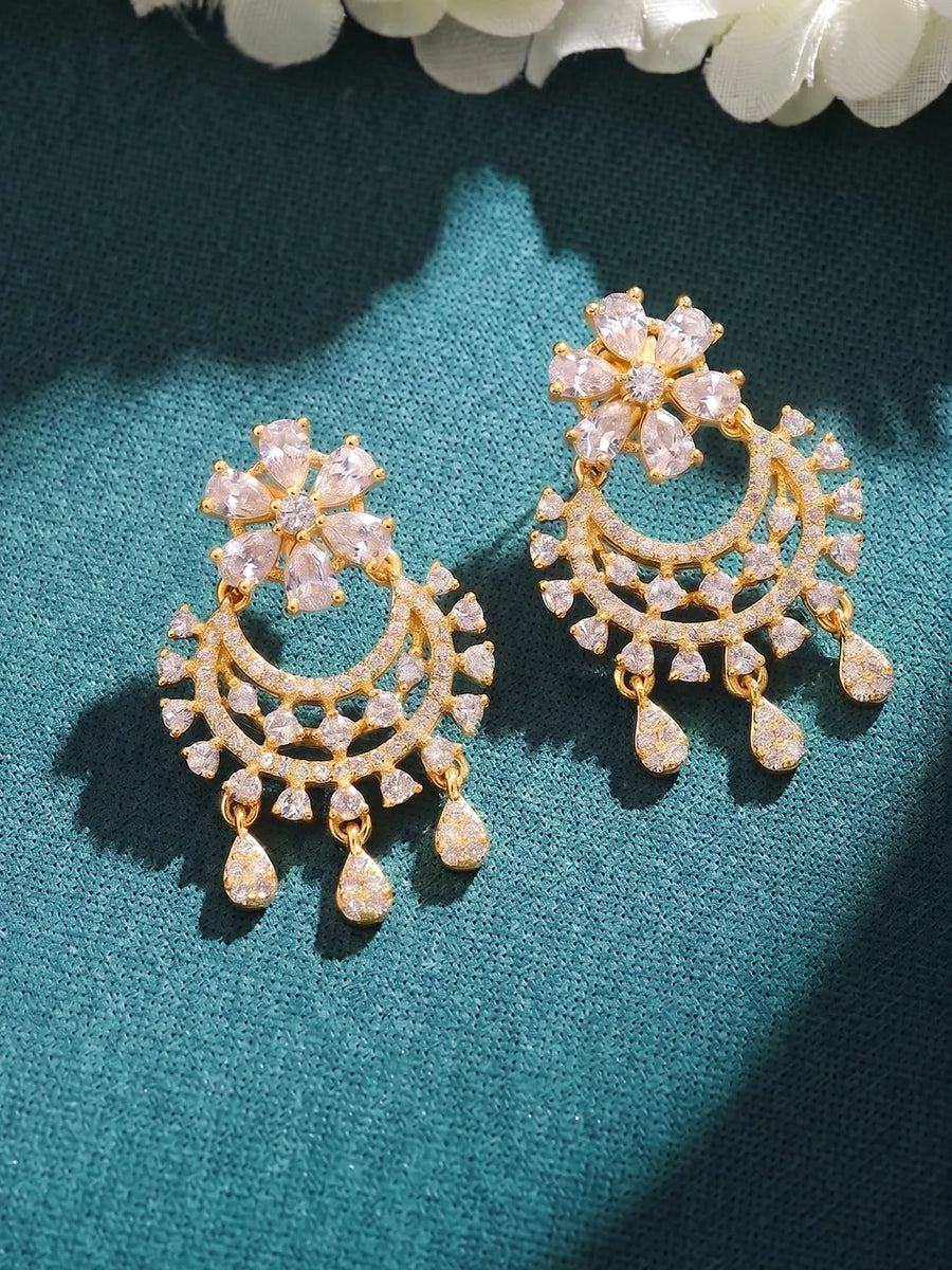 Gold Plated CZ Chandbali Floral Earrings