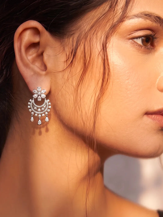 Silver Plated CZ Chandbali Floral Earrings