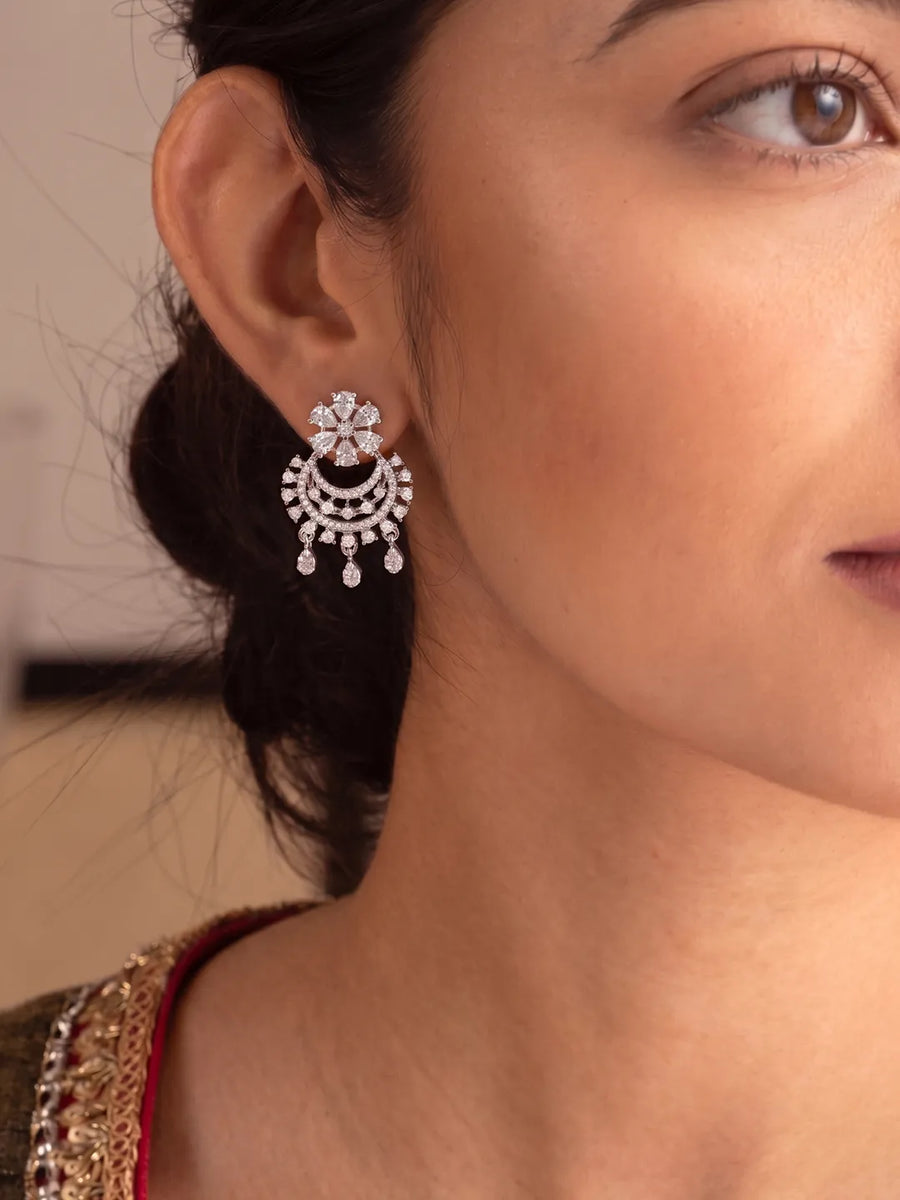 Silver Plated CZ Chandbali Floral Earrings