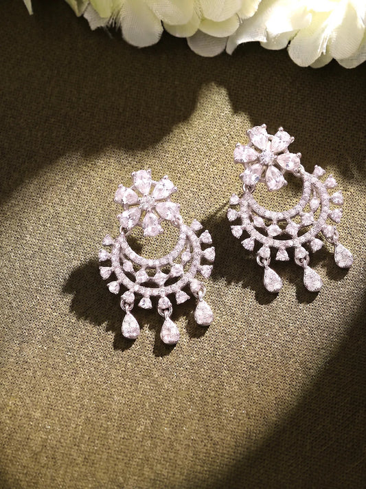 Silver Plated CZ Chandbali Floral Earrings
