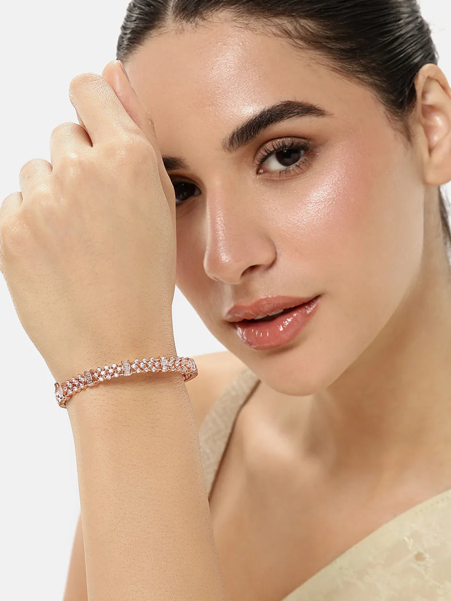 Twinkling Crystal Layered Kada Bangle - Rose Gold