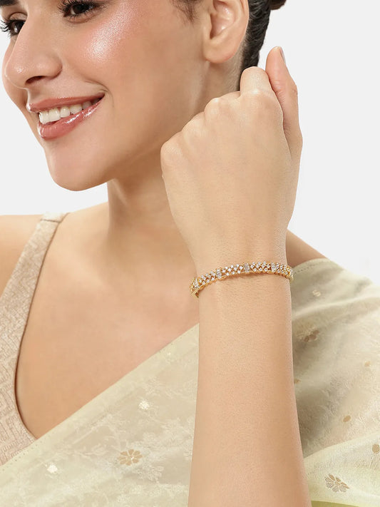 Twinkling Crystal Layered Kada Bangle - Gold