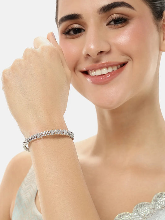 Twinkling Crystal Layered Kada Bangle - Silver
