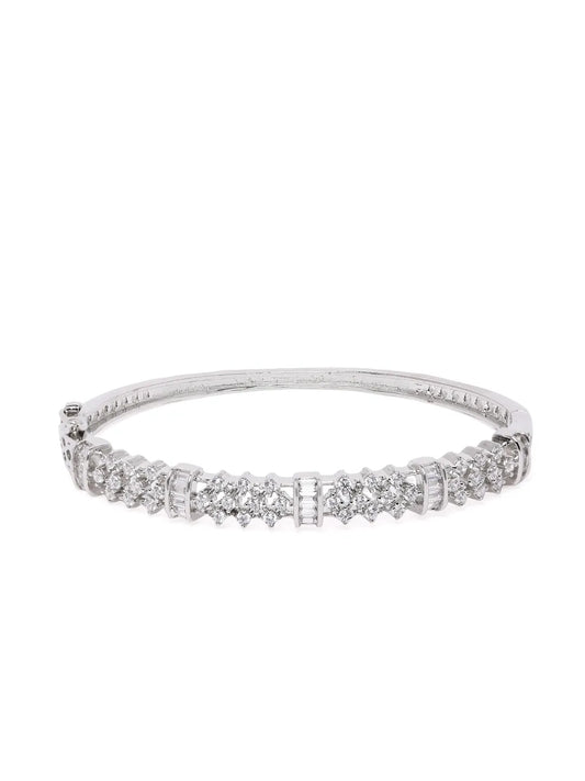 Twinkling Crystal Layered Kada Bangle - Silver