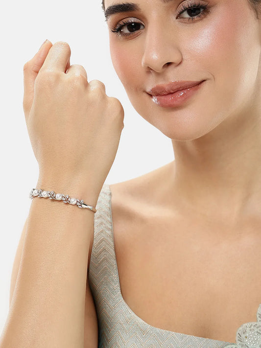 Lustrous Pearl & Crystal Fusion Kada - Silver