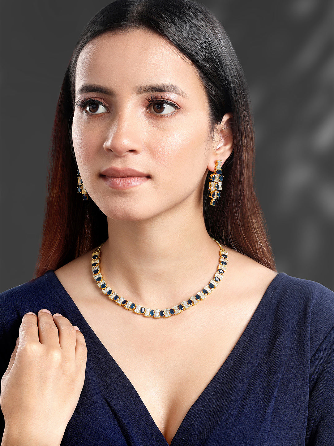 Chic Blue & White CZ Gold Necklace Set