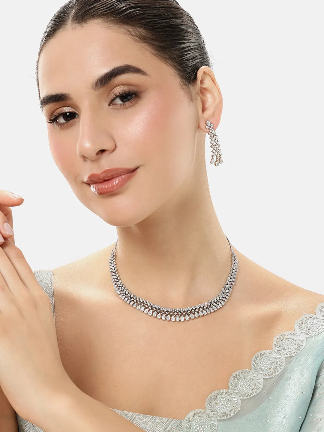 CZ Stone Layered Necklace Earrings Set