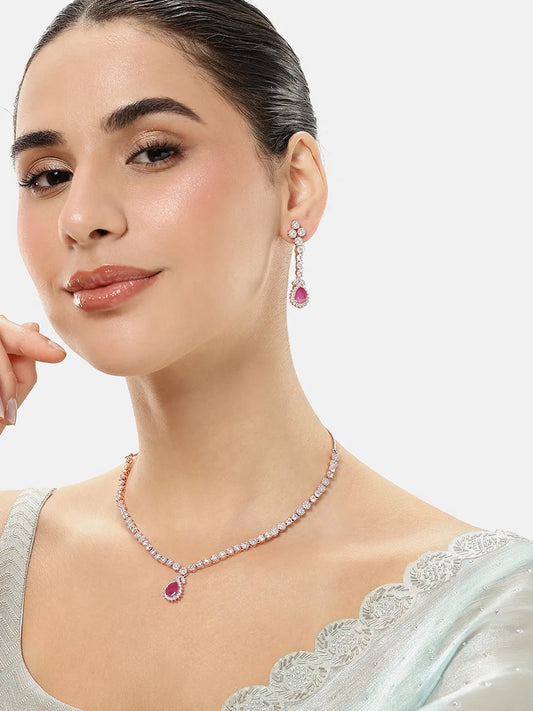 Radiant Glow Crystal Necklace Set - Rose Gold - Red