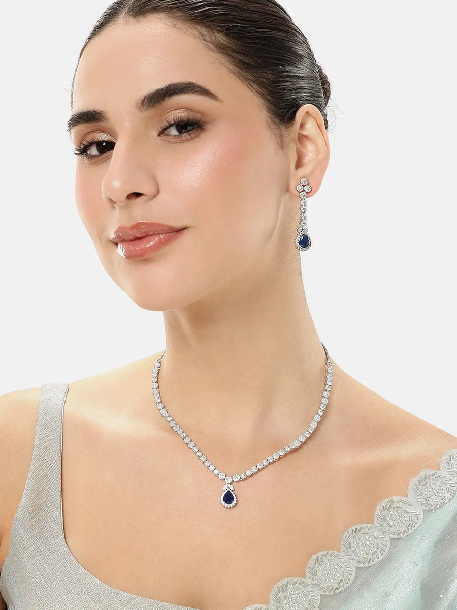 Radiant Glow Crystal Necklace Set - Silver - Blue