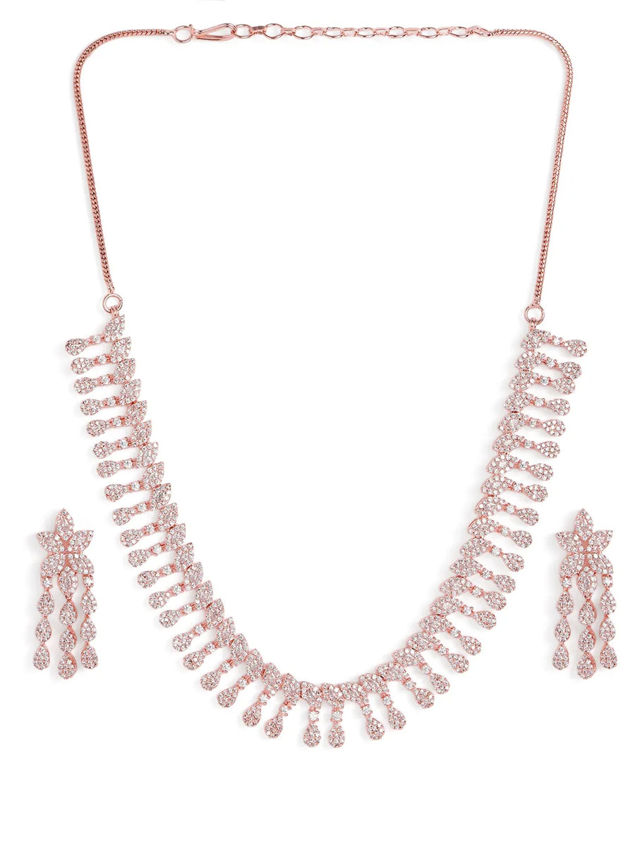 CZ Leafy Dangler Necklace Earrings Set - Rose Gold
