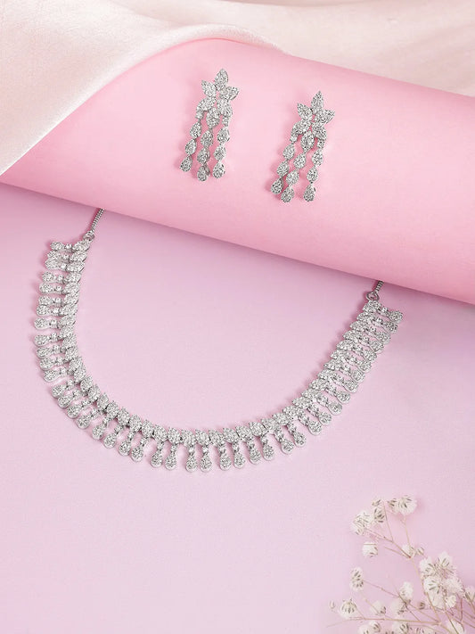 CZ Leafy Dangler Necklace Earrings Set - Silver