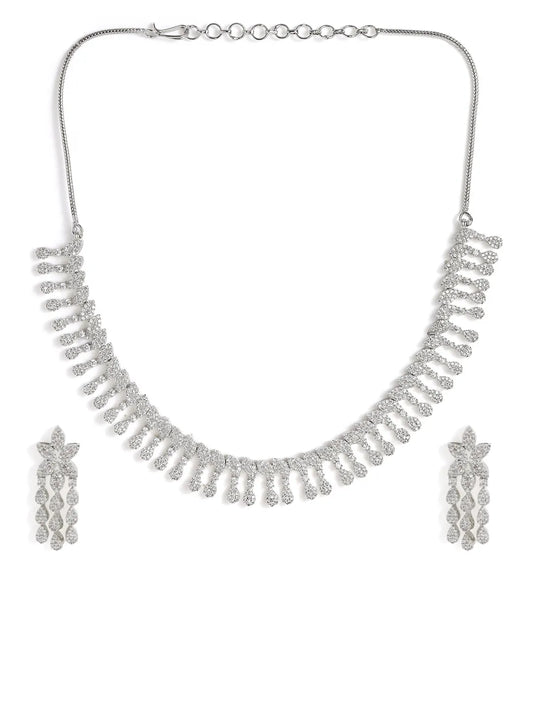 CZ Leafy Dangler Necklace Earrings Set - Silver