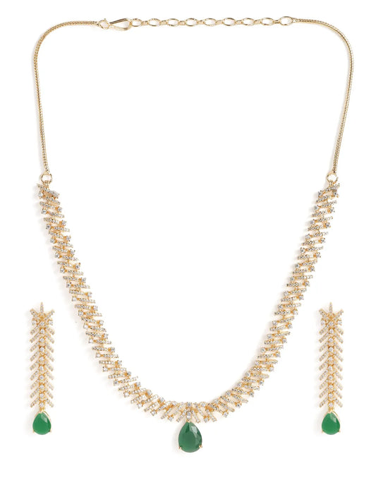 Elegant Teardrop Necklace & Earring Set - Gold Green
