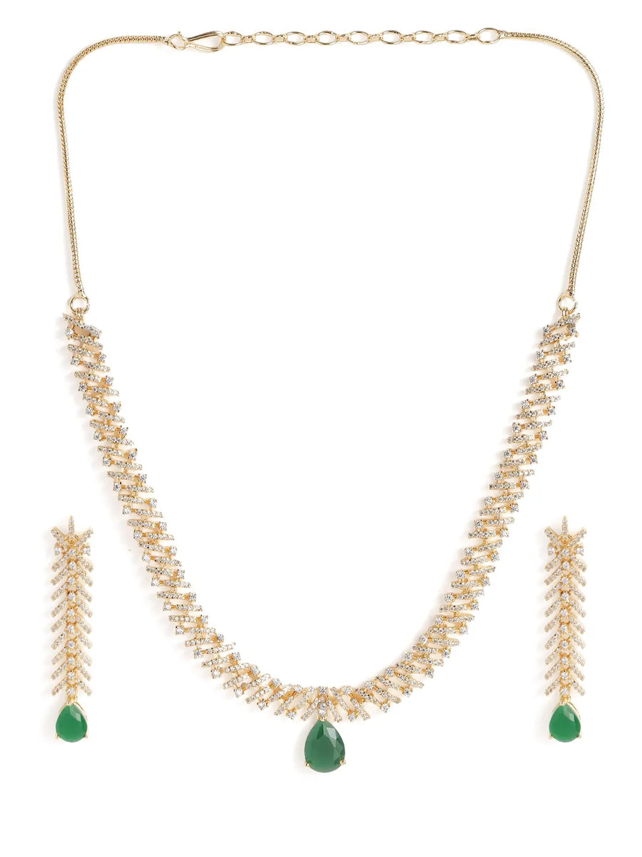 Elegant Teardrop Necklace & Earring Set - Gold Green