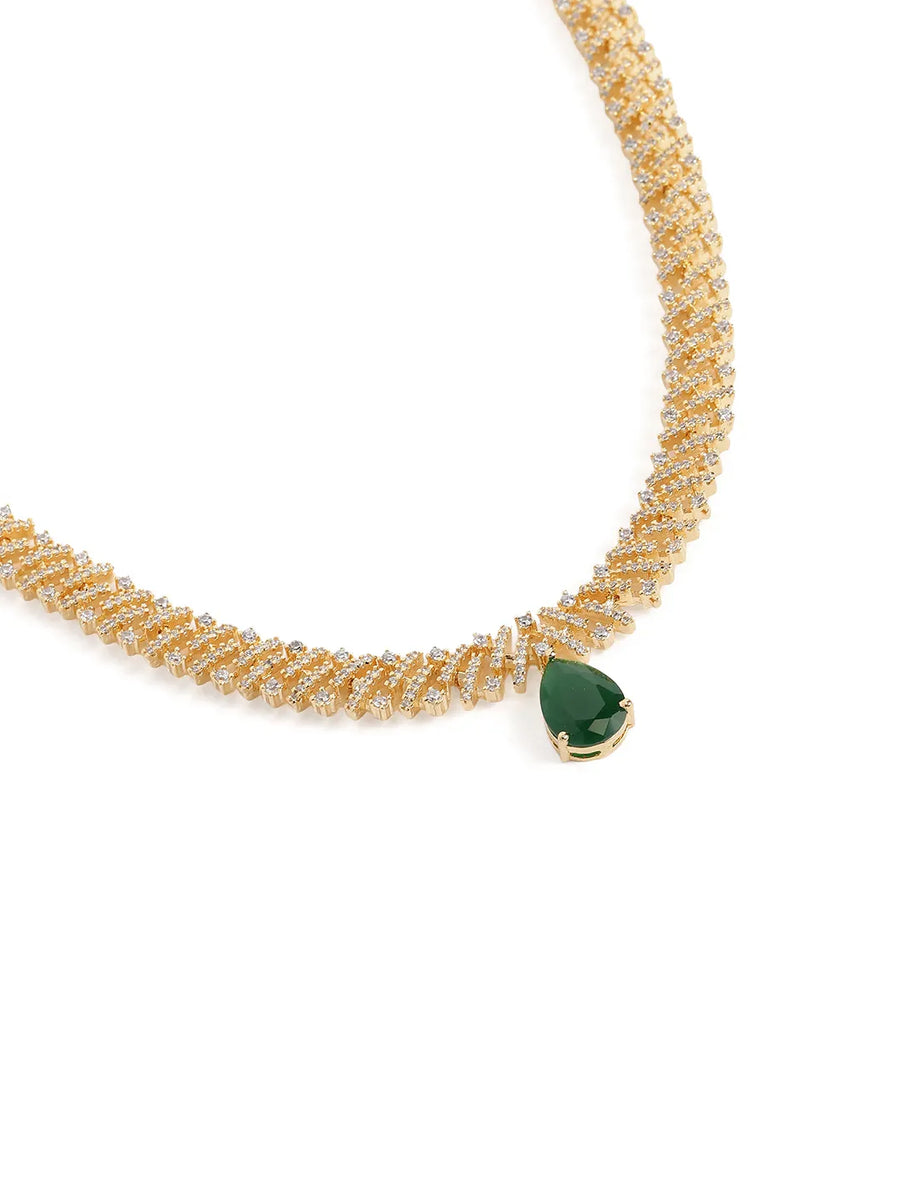 Elegant Teardrop Necklace & Earring Set - Gold Green