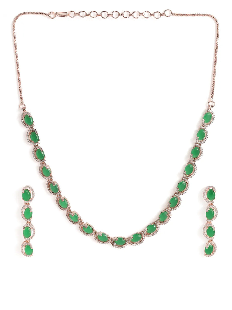 CZ Crystal Linked Oval Necklace Set - Green