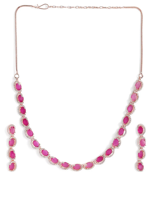 CZ Crystal Linked Oval Necklace Set - Red