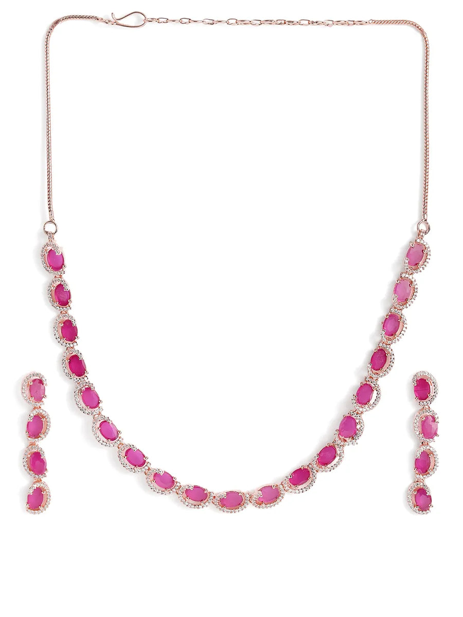 CZ Crystal Linked Oval Necklace Set - Red