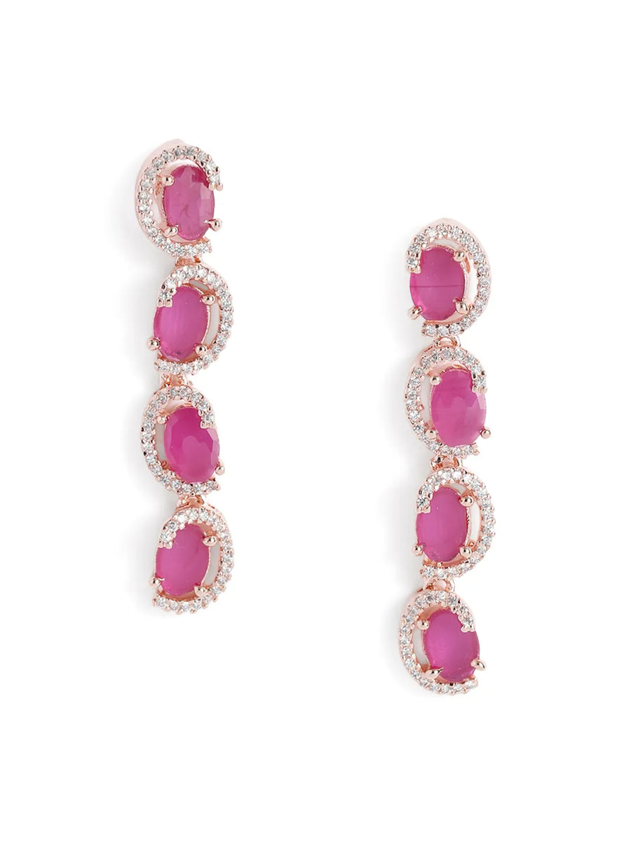 CZ Crystal Linked Oval Necklace Set - Red