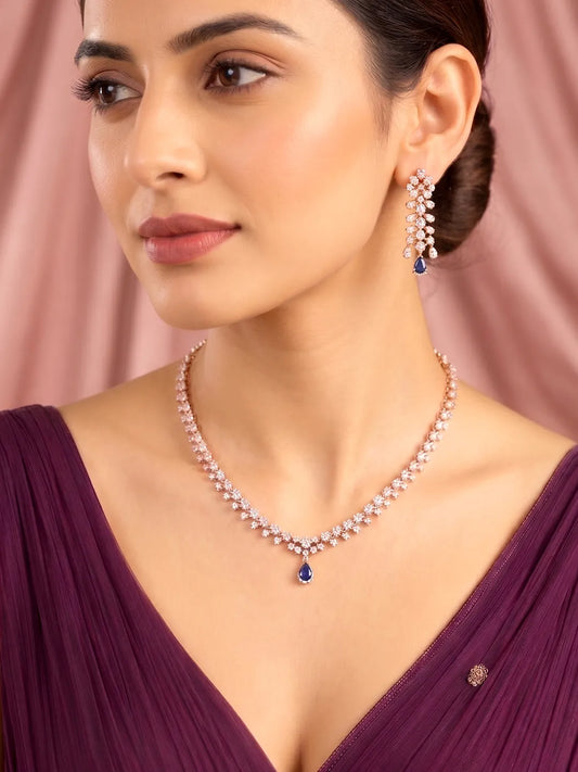 Peora Blue Teardrop CZ Necklace Set - Rose Gold