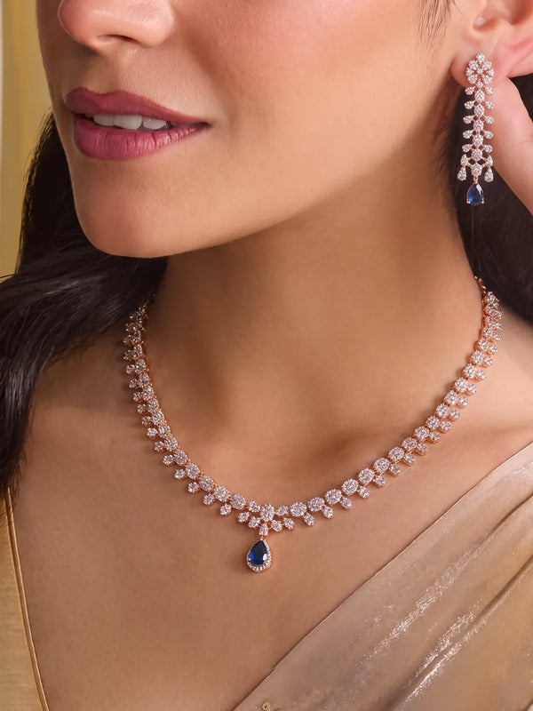 Blue Teardrop CZ Necklace Set - Rose Gold