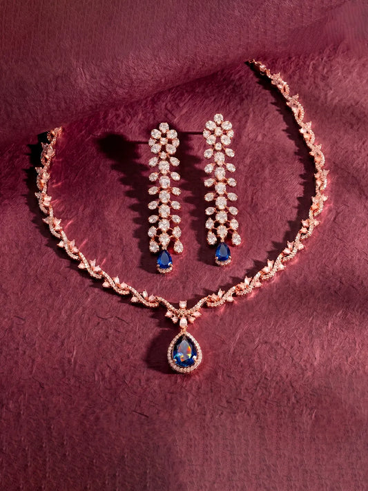 Peora Blue Teardrop CZ Necklace Set - Rose Gold