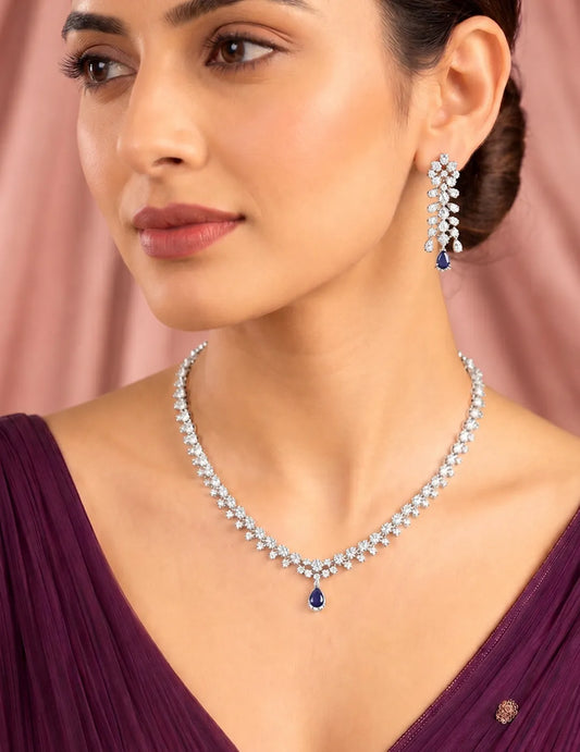 Peora Blue Teardrop CZ Silver Plated Necklace Set