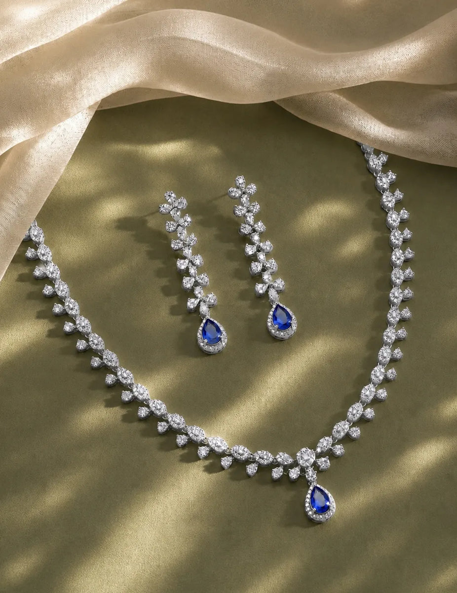 Blue Teardrop CZ Silver Plated Necklace Set