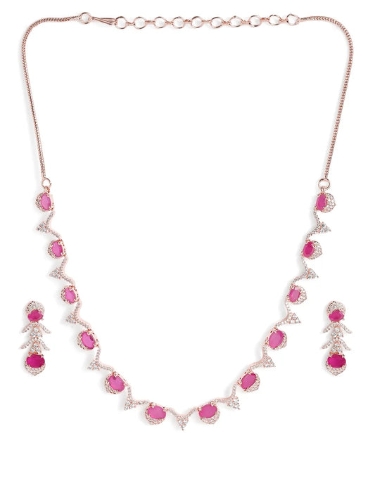 Elegant CZ Wave Necklace Earrings Set - Rani Pink